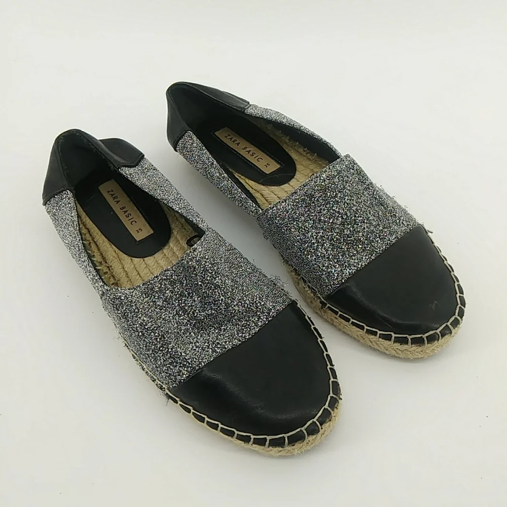 Zara Basic Collection Metallic Faux Leather Cap Toe Espadrills Silver Glitter 35